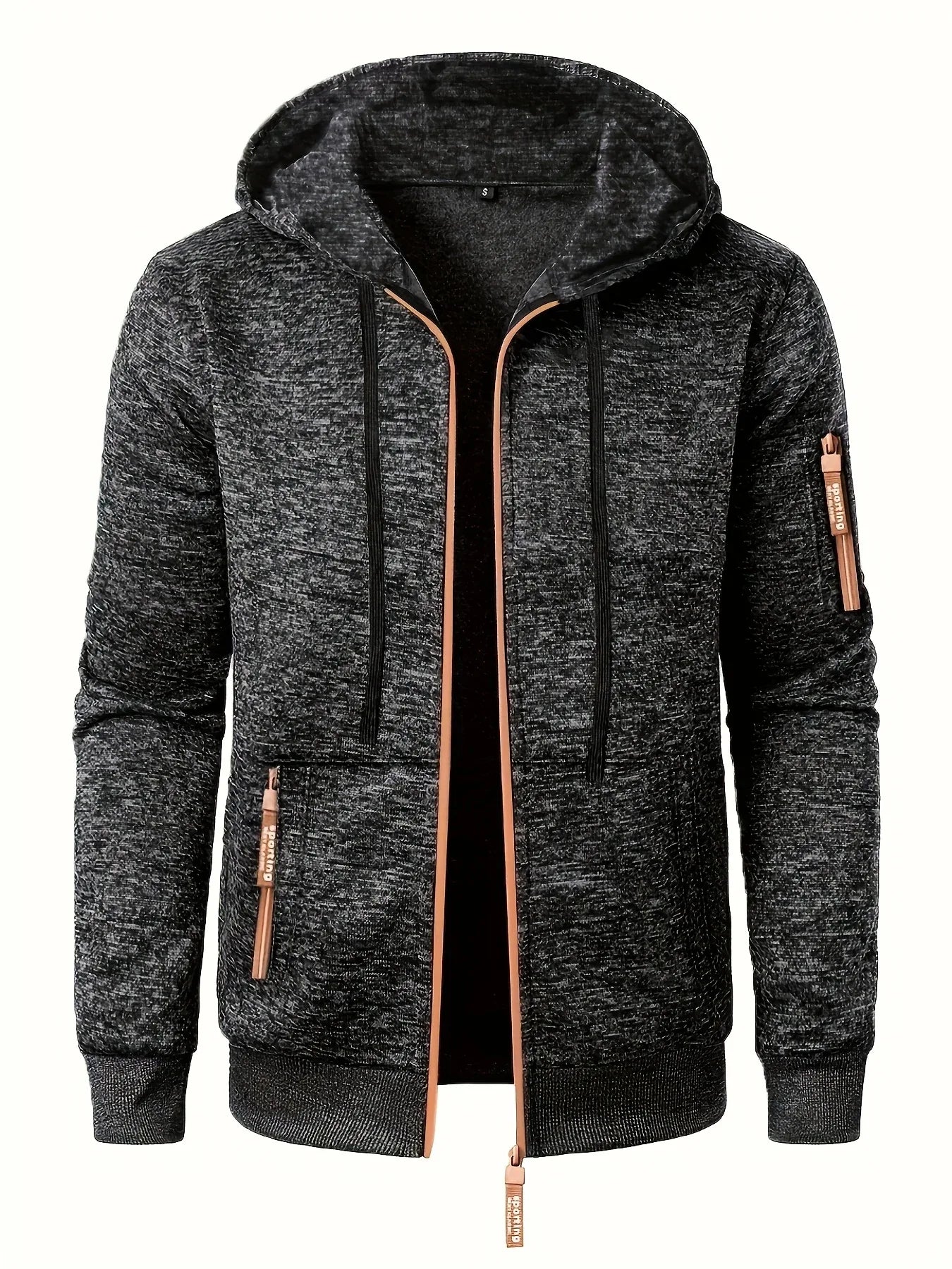 Men'S Hooded Zip-Up Sweater Jacket - Long Sleeve Thin Fleece-Lined Casual Outerwear with Front Pockets, Solid Black, Regular Fit for Fall & Winter, Autumn Winter Apparel | Hooded Sweater | Zippered Jacket, Knit, Men Hoodie Zi