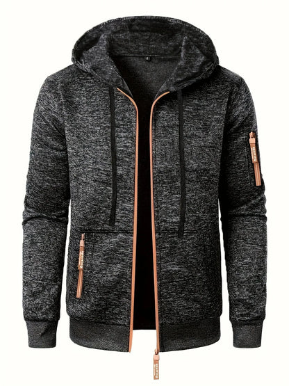 Men'S Hooded Zip-Up Sweater Jacket - Long Sleeve Thin Fleece-Lined Casual Outerwear with Front Pockets, Solid Black, Regular Fit for Fall & Winter, Autumn Winter Apparel | Hooded Sweater | Zippered Jacket, Knit, Men Hoodie Zi