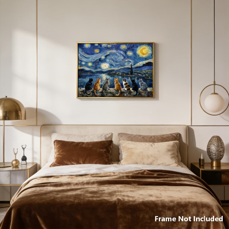 2D Flat, 2D Flat, Posters And Prints 1pc Unframed Van Gogh Starry Night Cats Canvas Wall Art Print, Funny Cats Watching Starry Sky Oil Painting Poster, Famous Artwork with Cats Parody Art, Halloween Decorations, Christmas Decorations