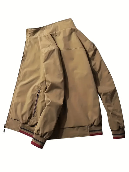 Men'S All-Season Casual Double-Sided Zip-Up Jacket with Stand Collar - Relaxed Fit Olive Green & Navy Blue Two-Tone Design, Front Zipper Closure, Functional Pockets, Durable Fabric for Casual Attire, Lightweight Layering, Mod