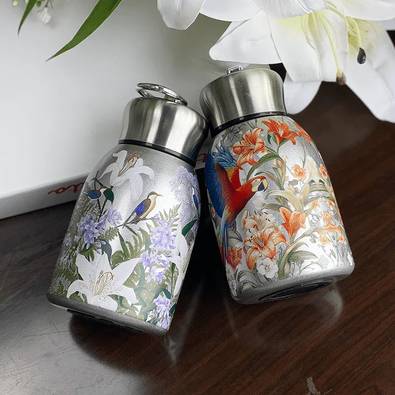 1pc Stainless Steel Vacuum Insulated Tumbler with Bird/Parrot/Leopard Pattern, 10oz Leak-Proof Travel Mug, Glossy Finish, Portable Handle, Artistic Drinkware, Perfect for Outdoor, Gym, Office, Ideal Holiday Gift for Christmas