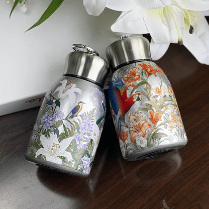 1pc Stainless Steel Vacuum Insulated Tumbler with Bird/Parrot/Leopard Pattern, 10oz Leak-Proof Travel Mug, Glossy Finish, Portable Handle, Artistic Drinkware, Perfect for Outdoor, Gym, Office, Ideal Holiday Gift for Christmas