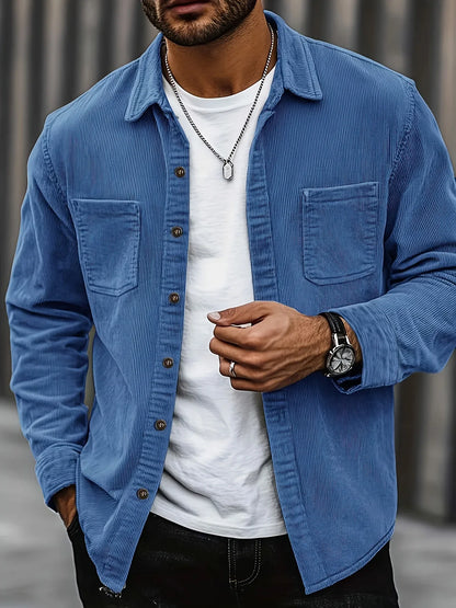 Men'S Corduroy Casual Shirt Jacket - Classic Collar, Button-Up Long Sleeve with Double Chest Pockets, Light Blue, Perfect for Spring & Fall, Everyday Fashion, Street Style, and Office Wear