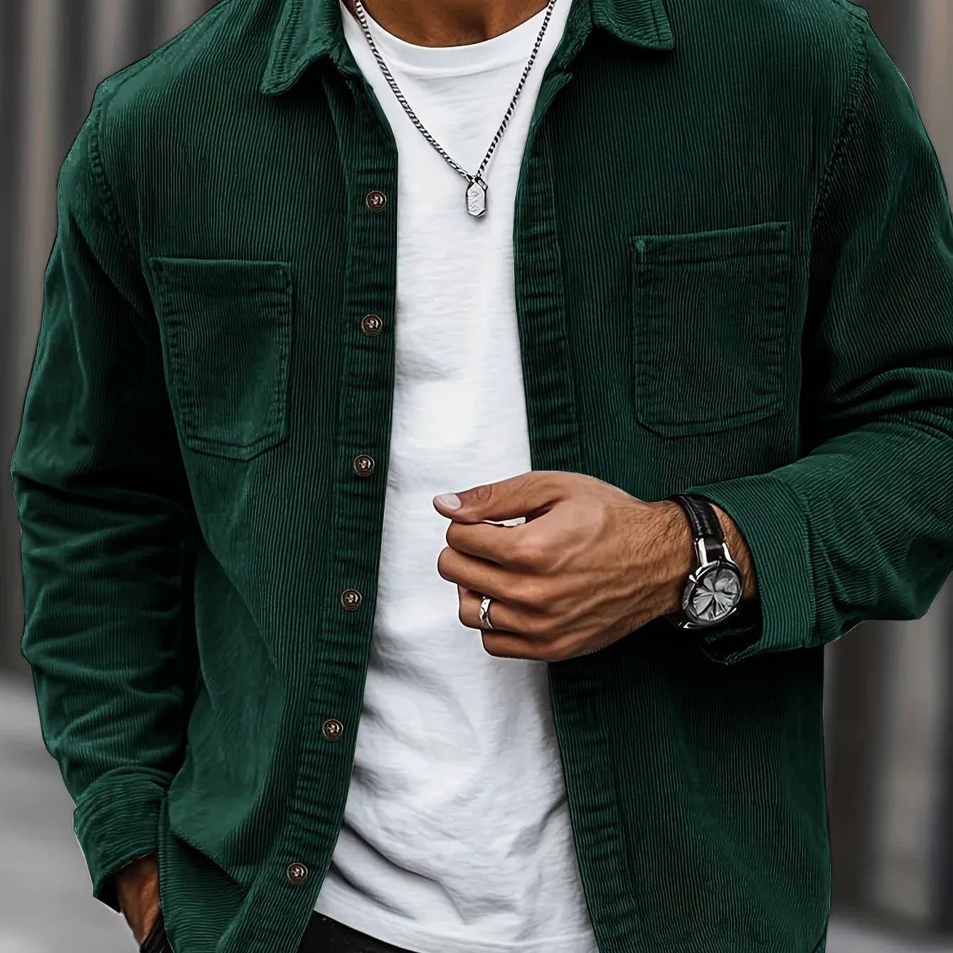 Men'S Corduroy Casual Shirt Jacket - Classic Collar, Button-Up Long Sleeve with Double Chest Pockets, Light Blue, Perfect for Spring & Fall, Everyday Fashion, Street Style, and Office Wear