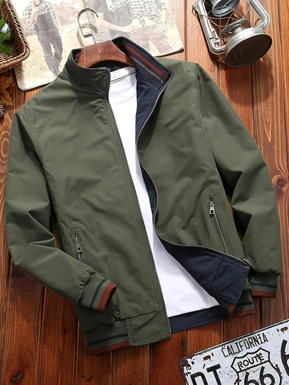 Men's Zip-Up Jacket with Stand Collar - Front Zipper Closure, Beige/ Navy Color Block, Lightweight Polyester Outer Coat for Casual & Formal Events - Machine Washable Everyday Outerwear