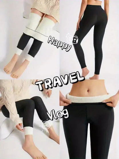 Women's High-Waisted Thickened Warm Yoga Leggings - Full-Length (7/8) Tummy Control Slim-Fit Pants with Elastic Waistband, All-Season Workout & Gym Pants for Pilates,, Casual Wear - Solid Color (Black/Dark Grey/Navy)
