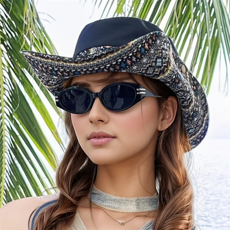 2-Way Adjustable Women's Bohemian Embroidered Sun Hat - Wide Brim Windproof Fisherman Hat with Vibrant Geometric Patterns, All-Season Outdoor Travel & Hiking Accessory for Beach, Mountaineering, Tourism, Fishing Hat, Mountain