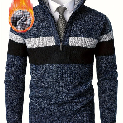 Men'S Color-Blocked Stand Collar Thickened Knitted Pullover Sweater