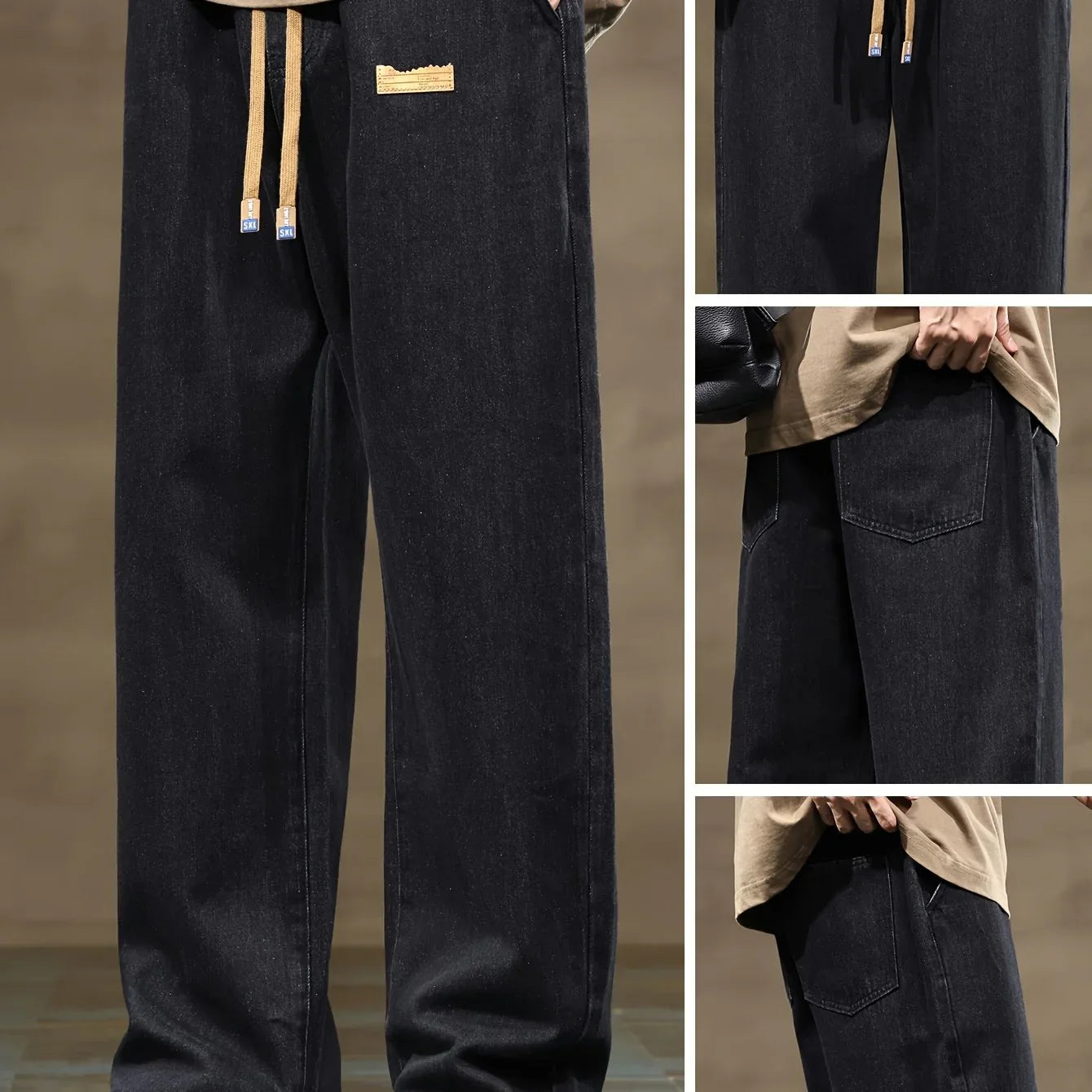 Men's Korean Style Light Blue Jeans 2025 Spring/Autumn New Washed Durable Comfortable Drawstring Straight-Leg Pants, Stylish and Versatile Casual Trousers Suitable for All Seasons by Gengyuan