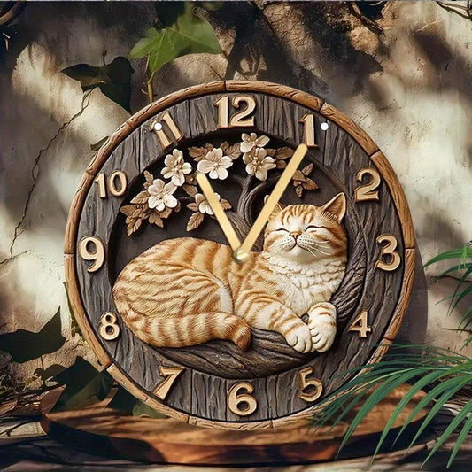 Charming Vintage Cat Floral Wooden Style Wall Clock - Montero Milan