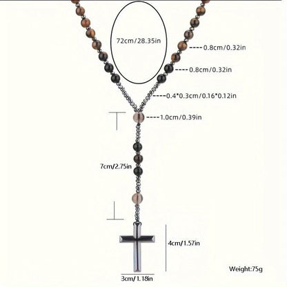 1pc Natural Tiger Eye Round Bead Long Chain Necklace with Hematite Cross Rosary Beads, Men's Jewelry for Spiritual Style - Montero Milan