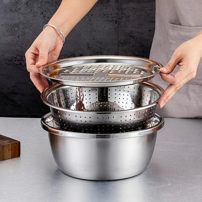 Montero Milan 3pcs HEROBABY Stainless Steel Kitchen Prep Set with Integrated Grinder, Multifunctional Filter & Mixing Bowl - Heavy-Duty 201 Grade Dishwasher- Drainage System for Slicing, Chopping Fruits, Vegetables, Cheese (All-in-One
