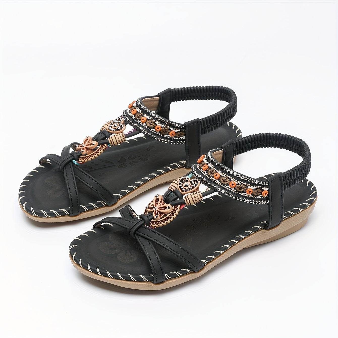Women's Elegant Rhinestone Butterfly Flat Sandals - Comfortable Slip-On with Secure Elastic Strap for Summer - Montero Milan
