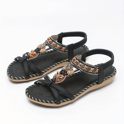 Women's Elegant Rhinestone Butterfly Flat Sandals - Comfortable Slip-On with Secure Elastic Strap for Summer - Montero Milan