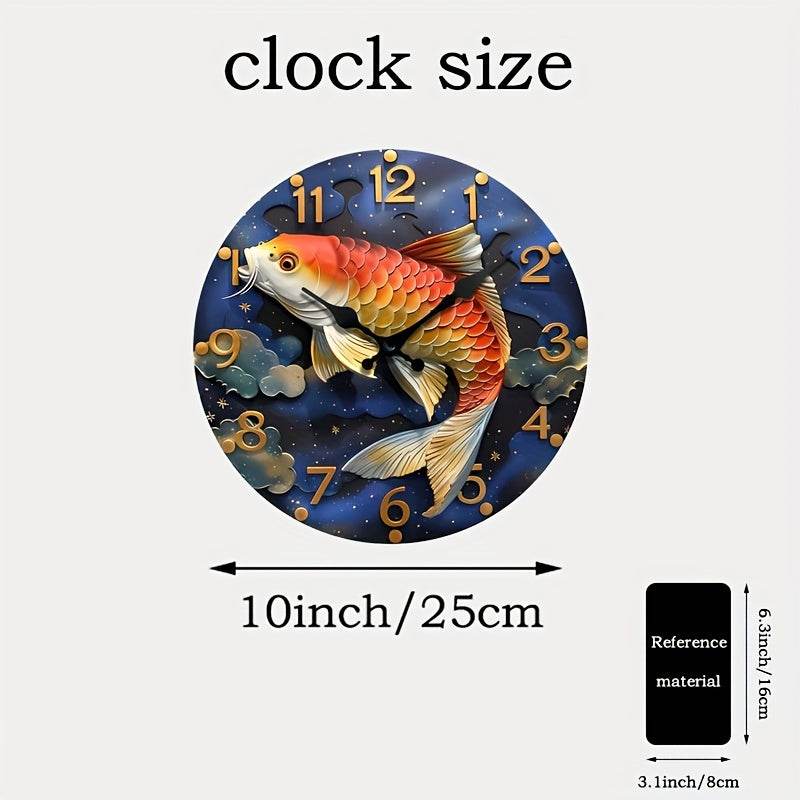 Red Koi Fish Silent Wall Clock Wooden Round Digital Display - Montero Milan