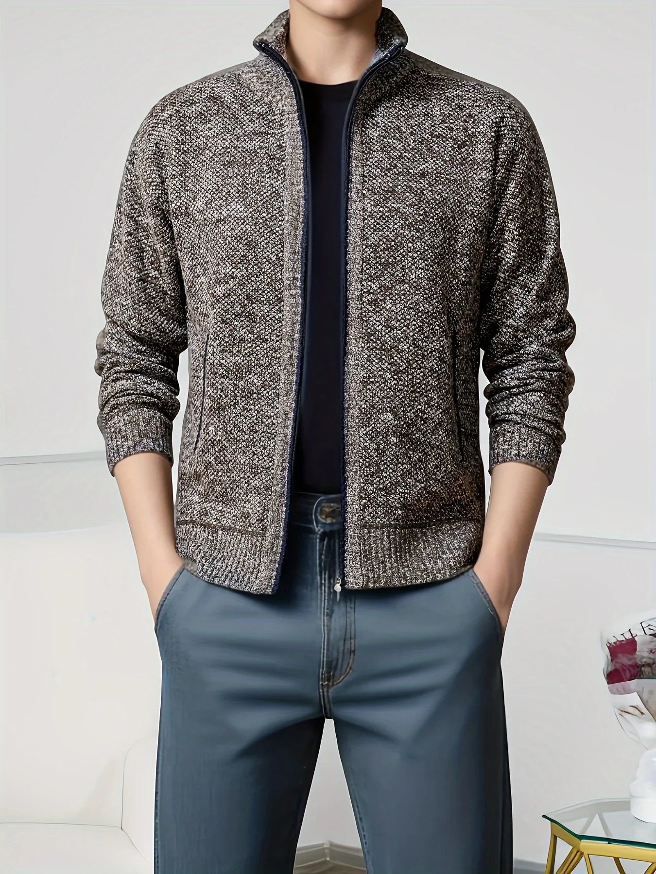 Men'S Knitted Cardigan Sweater | High Neck, Long Sleeve, Rib-Knit, All-Season, Casual Style