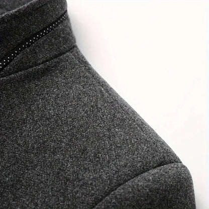 Men's Tweed Jacket with Stand Collar - Winter Warm Casual Coat, Single-Breasted Button Front & Pockets, Solid Color Tweed Fabric (Hand Washable) for Outdoor, Office, Smart-Casual - Versatile Cold-Weather Outerwear