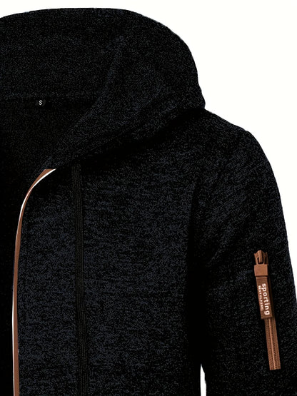 Men'S Hooded Zip-Up Sweater Jacket - Long Sleeve Thin Fleece-Lined Casual Outerwear with Front Pockets, Solid Black, Regular Fit for Fall & Winter, Autumn Winter Apparel | Hooded Sweater | Zippered Jacket, Knit, Men Hoodie Zi