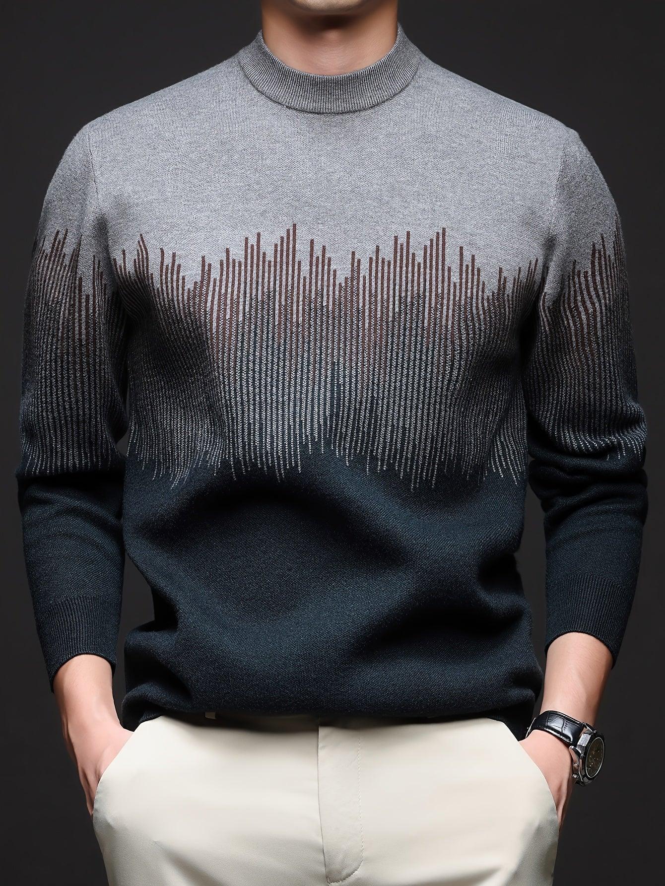 Men's Winter Warm Vertical Stripe Sweater - Dark Grey/Black Gradient Knit Pullover with Tapered Tail Hem, Casual & Outdoor Long Sleeve Round Neck Sweater for,, Office - All-Season Layering (Beige/White)