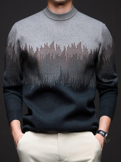 Men's Winter Warm Vertical Stripe Sweater - Dark Grey/Black Gradient Knit Pullover with Tapered Tail Hem, Casual & Outdoor Long Sleeve Round Neck Sweater for,, Office - All-Season Layering (Beige/White)