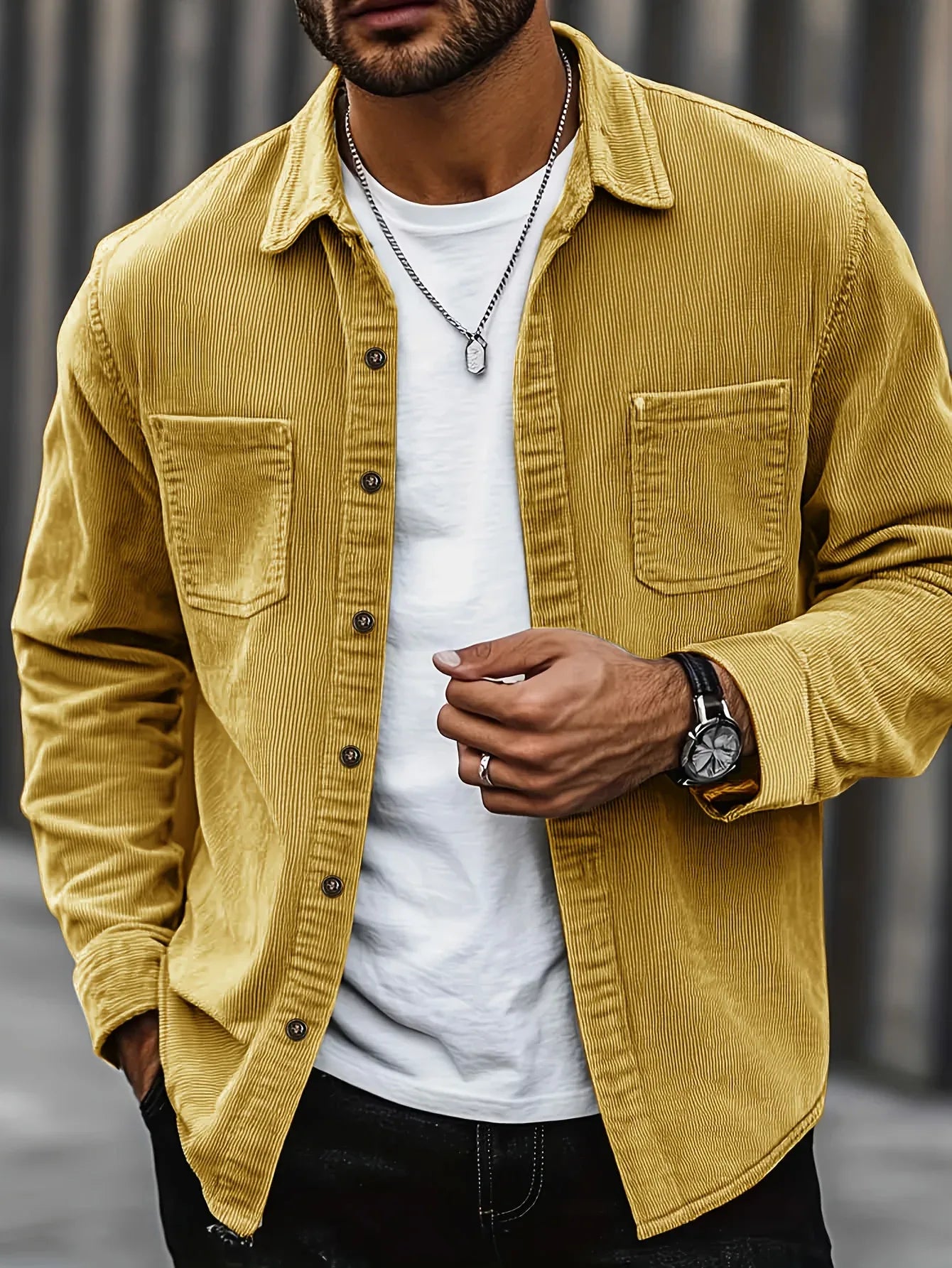 Men'S Corduroy Casual Shirt Jacket - Classic Collar, Button-Up Long Sleeve with Double Chest Pockets, Light Blue, Perfect for Spring & Fall, Everyday Fashion, Street Style, and Office Wear
