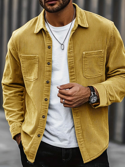 Men'S Corduroy Casual Shirt Jacket - Classic Collar, Button-Up Long Sleeve with Double Chest Pockets, Light Blue, Perfect for Spring & Fall, Everyday Fashion, Street Style, and Office Wear