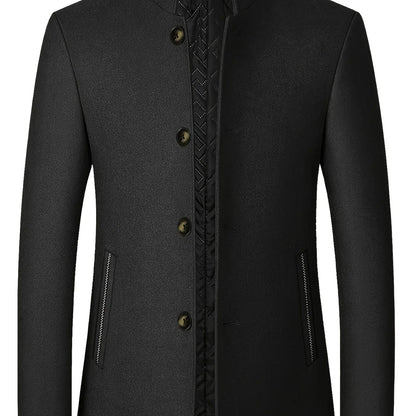 Men's Tweed Jacket with Stand Collar - Winter Warm Casual Coat, Single-Breasted Button Front & Pockets, Solid Color Tweed Fabric (Hand Washable) for Outdoor, Office, Smart-Casual - Versatile Cold-Weather Outerwear
