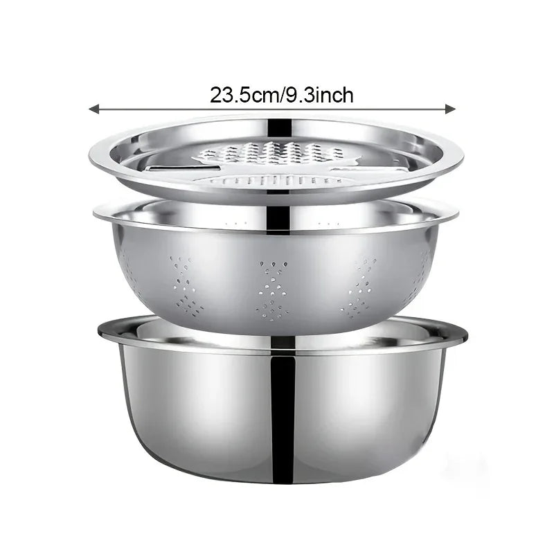 Montero Milan 3pcs HEROBABY Stainless Steel Kitchen Prep Set with Integrated Grinder, Multifunctional Filter & Mixing Bowl - Heavy-Duty 201 Grade Dishwasher- Drainage System for Slicing, Chopping Fruits, Vegetables, Cheese (All-in-One