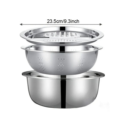 Montero Milan 3pcs HEROBABY Stainless Steel Kitchen Prep Set with Integrated Grinder, Multifunctional Filter & Mixing Bowl - Heavy-Duty 201 Grade Dishwasher- Drainage System for Slicing, Chopping Fruits, Vegetables, Cheese (All-in-One