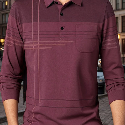 Men's Vintage-Inspired Striped Shirt with Chest Pocket - Breathable, Long Sleeve, Button Detail for Golf & Outdoor Activities