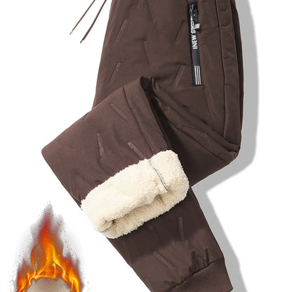 Men'S and Women'S Thickened Winter Jogger Pants with Plush Fleece Lining - Warm, Leak-Proof, Windproof, Adjustable Drawstring Waist, Zipper Pockets, Solid Color for Casual Home and Outdoor Use