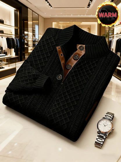 Men'S Autumn-Winter Christmas Stand Collar Jacquard Knit Sweater | Casual Style, 280g/m², High Collar, Button Details, Suitable for Outdoor Leisure and Holiday Gifts