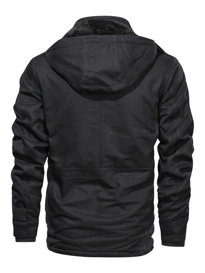 Men'S Thickened Warm Mid-Length Heavyweight Jacket with Detachable Hood - Multiple Zippered Pockets, Casual Outdoor Workwear, Polyester Lined, Button-Up Front, Regular Fit for Cold Weather, Winter Outerwear | Functional Desig