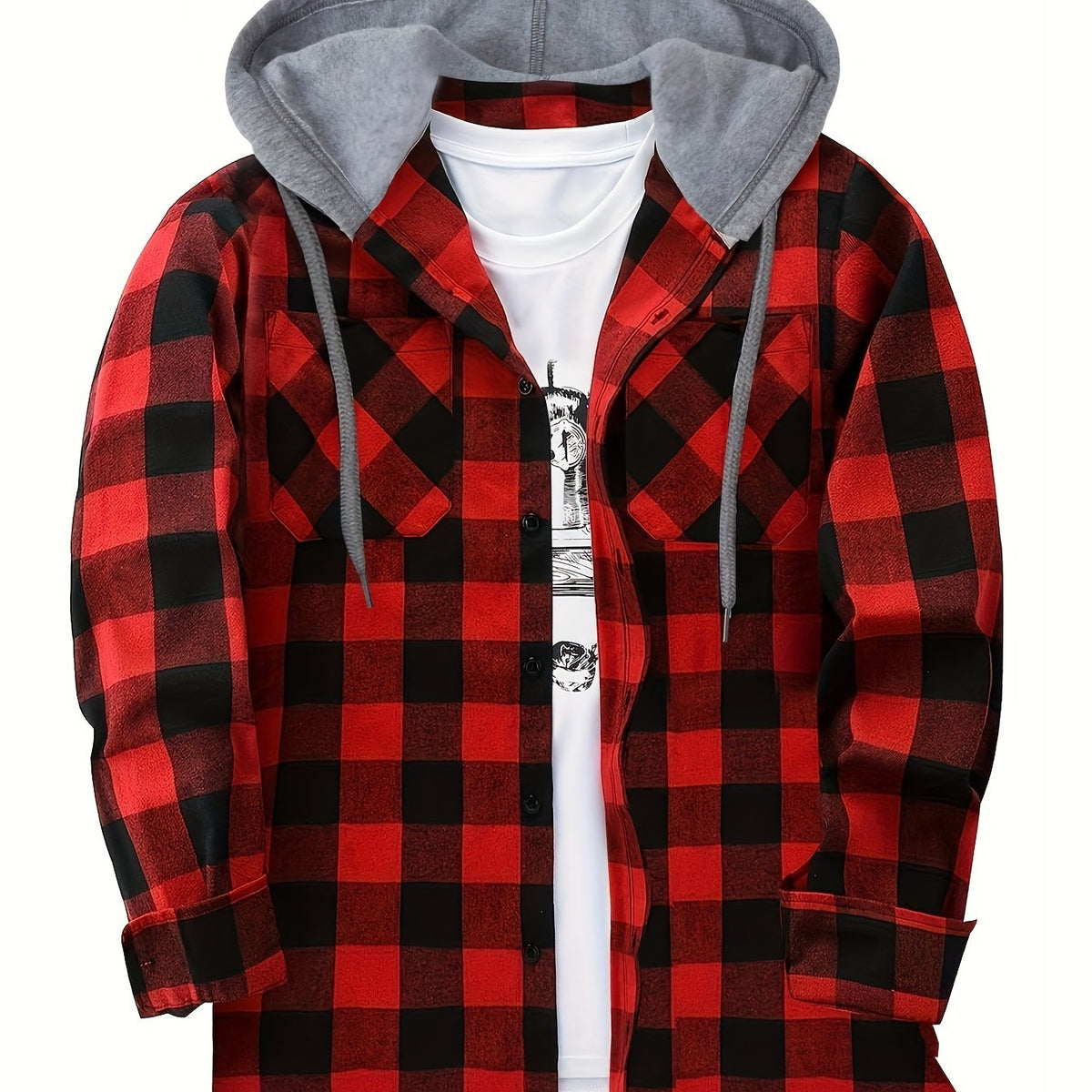 Men's Fashion Hooded Plaid Trendy Shirt Hooded Plaid Sweatshirt, Autumn/Winter Essentials, New Season - Red / NZ 38