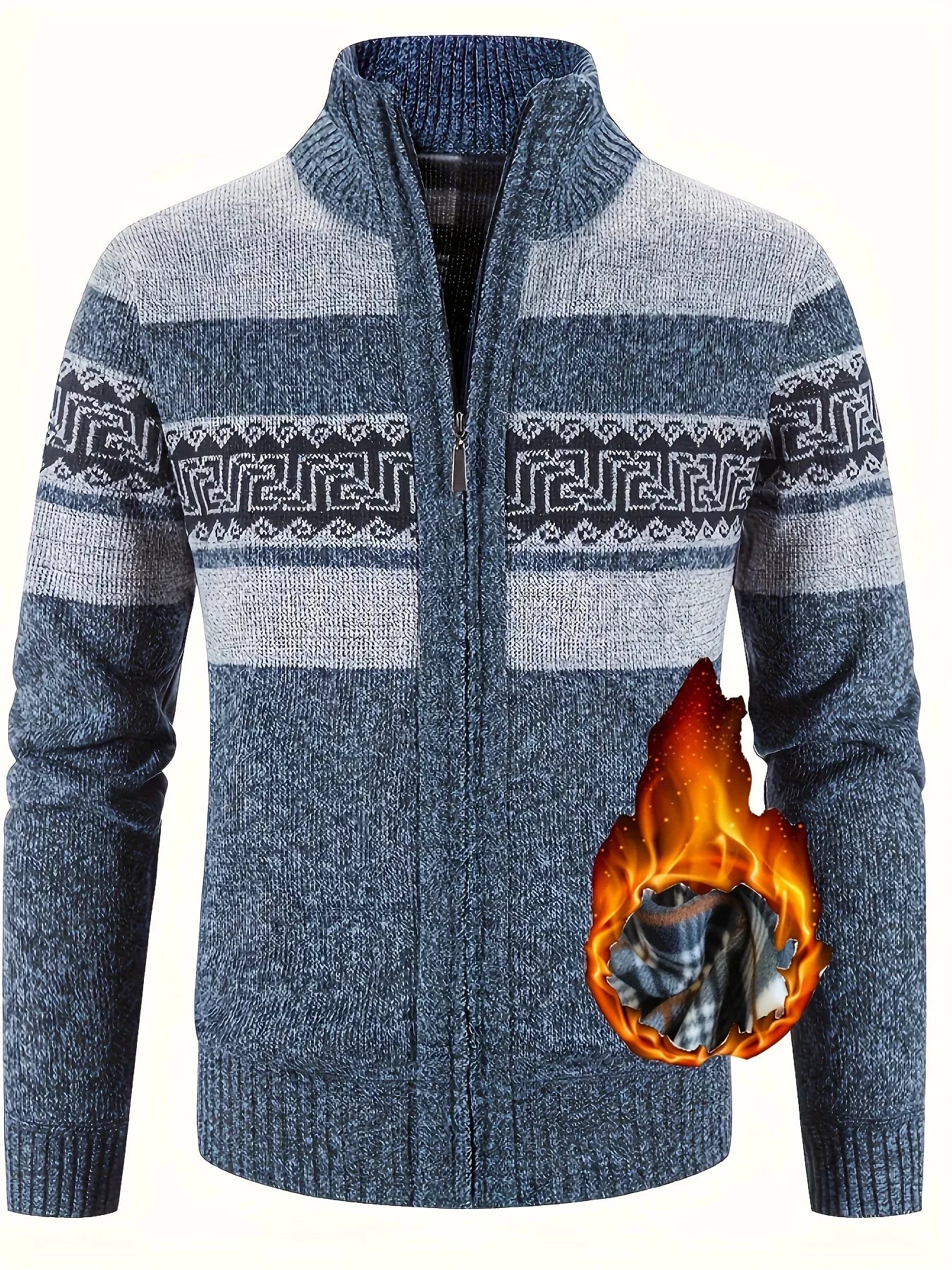 Men's Thermal Fleece-Lined Sport Knit Sweater with Zipper Pockets - Ethnic Wave Pattern, Stand Collar, Long Sleeve for Hiking, Cycling & Casual Winter Wear - Father’s Day Gift, Winter Knit Fabric