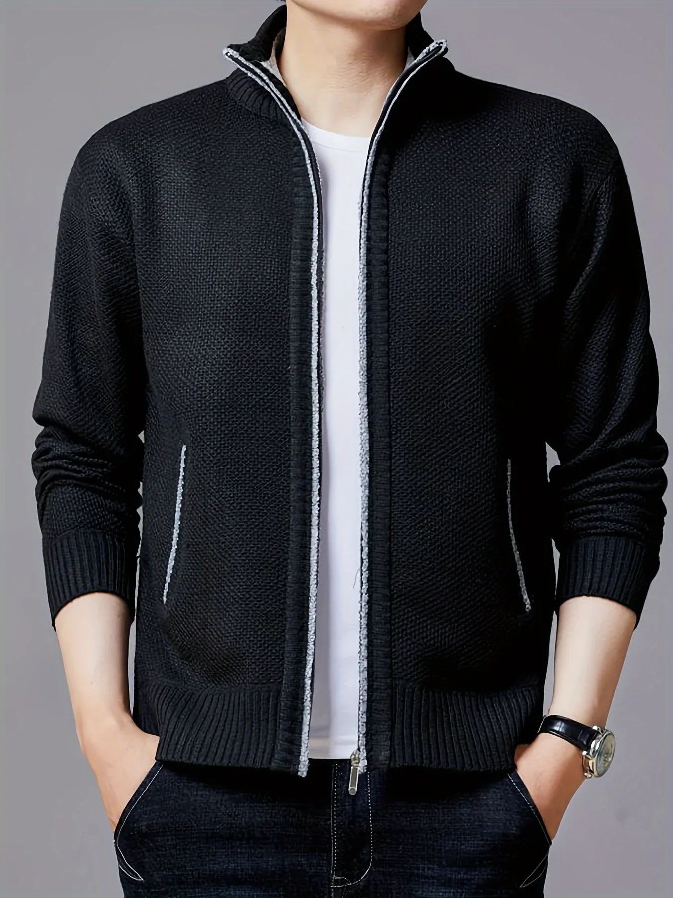 Men'S Thick Fleece Zip-Up Cardigan - Casual Long Sleeve Knit Sweater with Stand Collar, Solid Color, Regular Fit for Fall/Winter, Comfortable Layering Piece, Winter Cardigan, Autumn Outerwear, Modern Casualwear, Durable Fabri