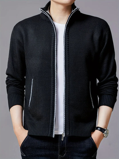 Men'S Thick Fleece Zip-Up Cardigan - Casual Long Sleeve Knit Sweater with Stand Collar, Solid Color, Regular Fit for Fall/Winter, Comfortable Layering Piece, Winter Cardigan, Autumn Outerwear, Modern Casualwear, Durable Fabri