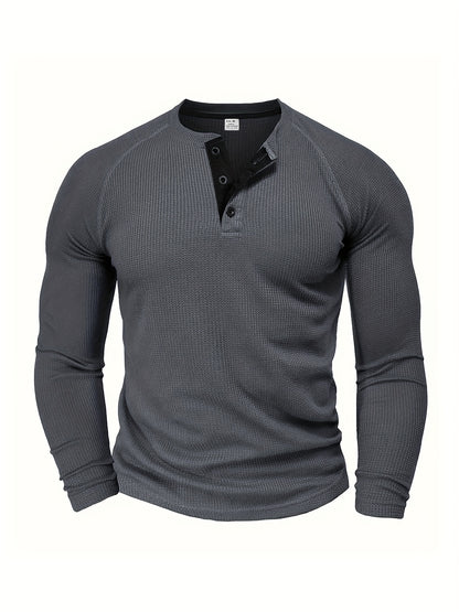 Men'S Long Sleeve T-Shirt Round Neck Open Style Pullover Henley Shirt Men'S Solid Color Fashion Versatile Top