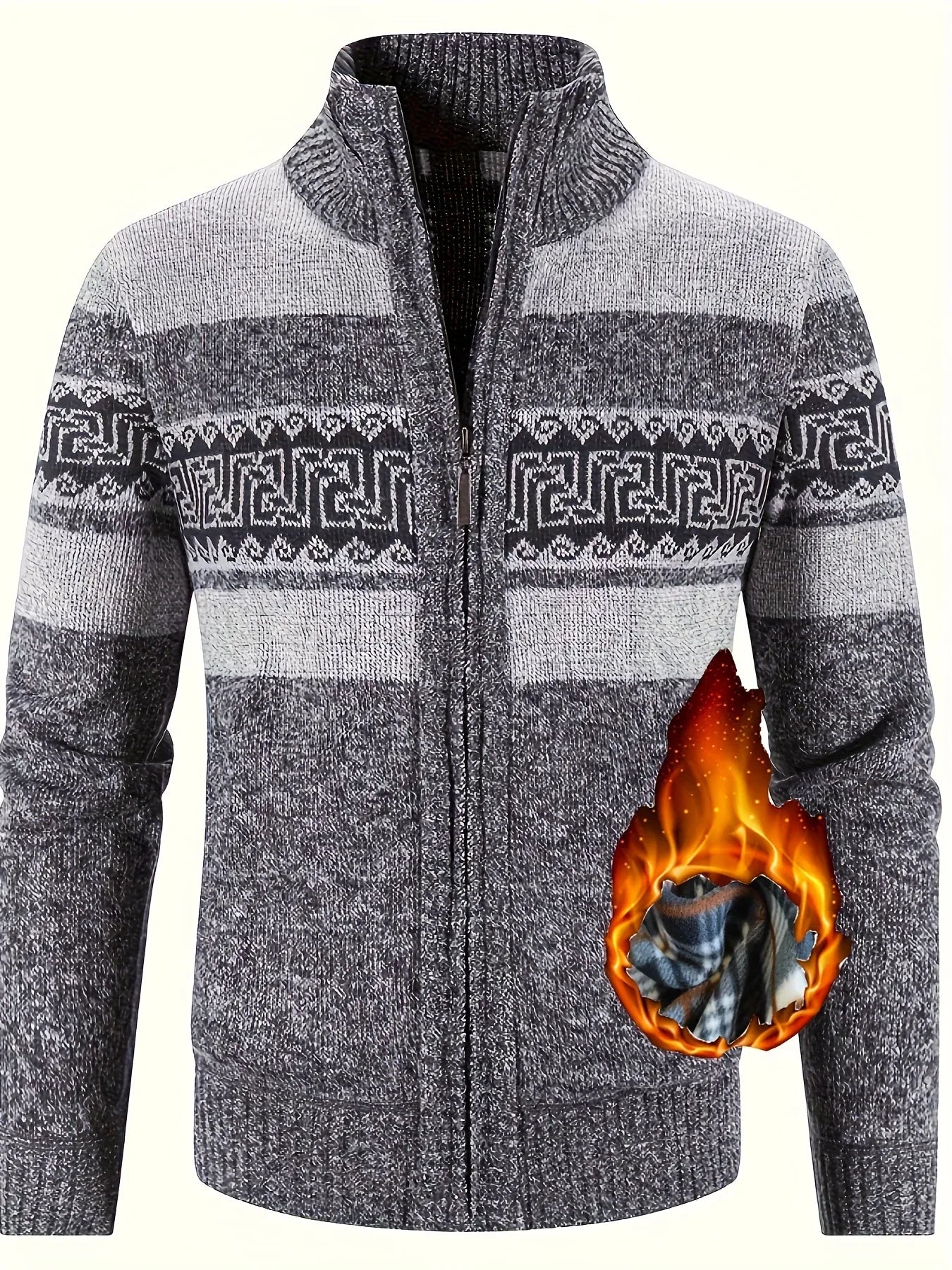 Men's Thermal Fleece-Lined Sport Knit Sweater with Zipper Pockets - Ethnic Wave Pattern, Stand Collar, Long Sleeve for Hiking, Cycling & Casual Winter Wear - Father’s Day Gift, Winter Knit Fabric
