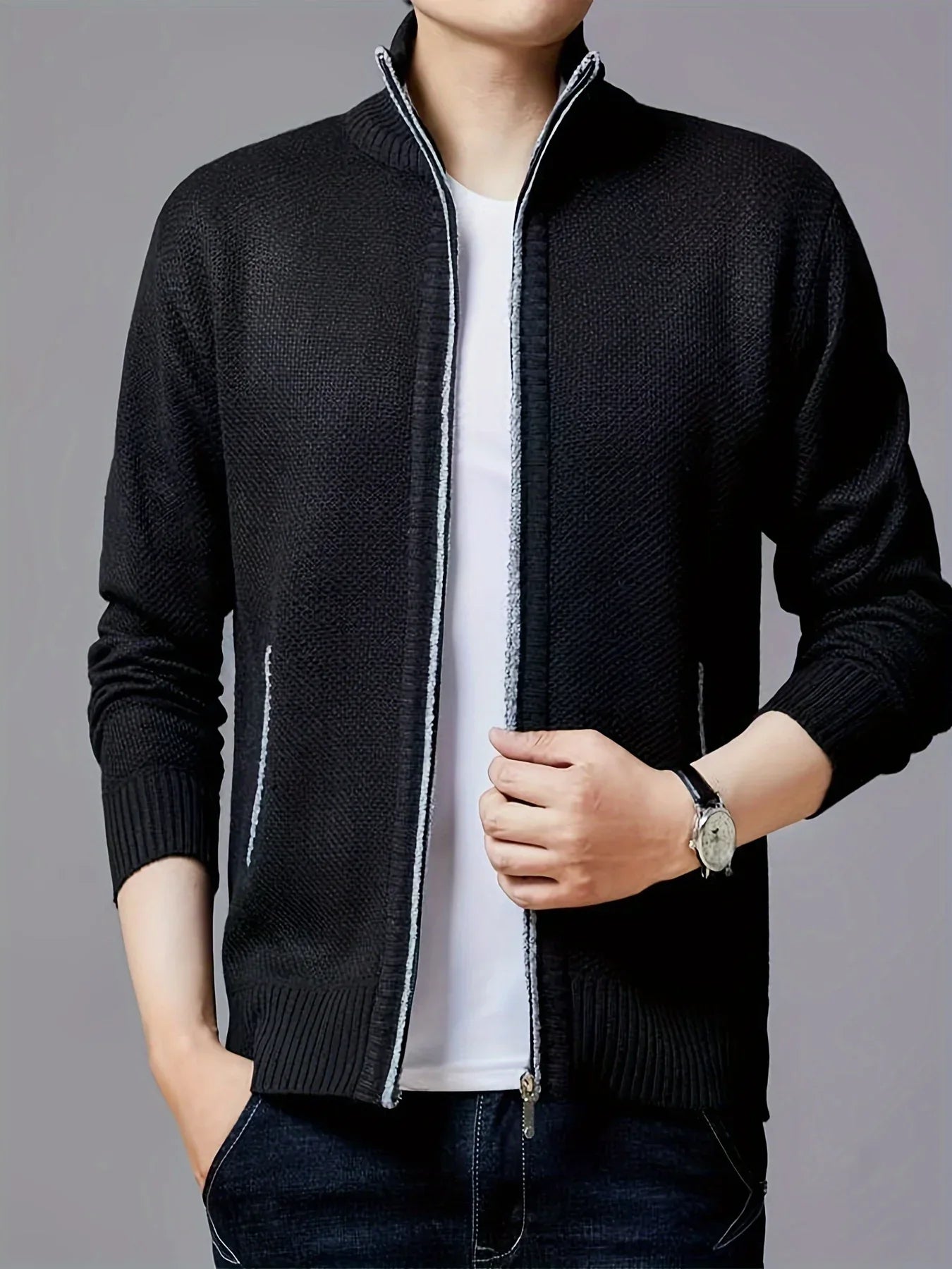 Men'S Thick Fleece Zip-Up Cardigan - Casual Long Sleeve Knit Sweater with Stand Collar, Solid Color, Regular Fit for Fall/Winter, Comfortable Layering Piece, Winter Cardigan, Autumn Outerwear, Modern Casualwear, Durable Fabri