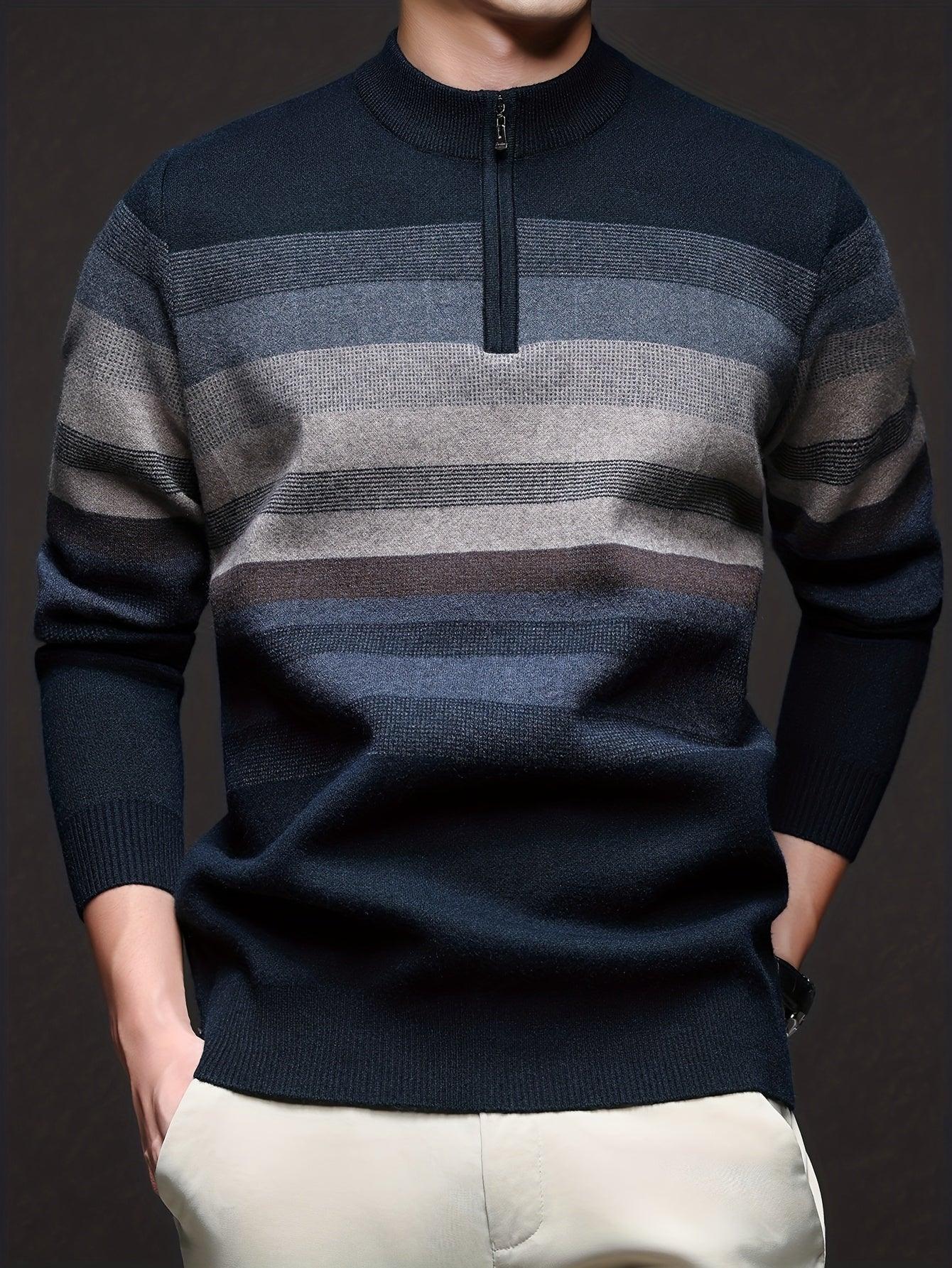 Men's Heavyweight Striped Mandarin Collar Zipper Sweater Jacket - Half-Zip Winter Knit Coat with Fish Tail Hem, Multi-Color (Navy/Beige/Tan/Brown/) for Casual, Outdoor & Holiday Events - Hand Washable Warm Blazer