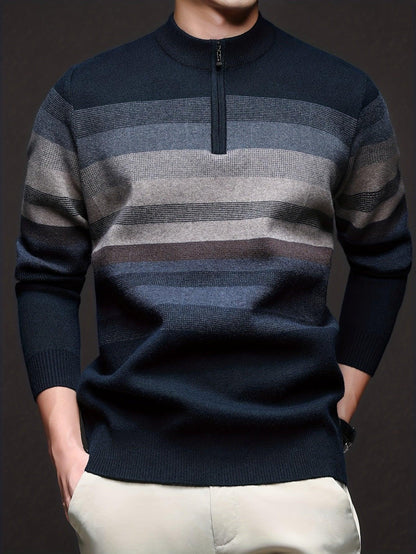 Men's Heavyweight Striped Mandarin Collar Zipper Sweater Jacket - Half-Zip Winter Knit Coat with Fish Tail Hem, Multi-Color (Navy/Beige/Tan/Brown/) for Casual, Outdoor & Holiday Events - Hand Washable Warm Blazer