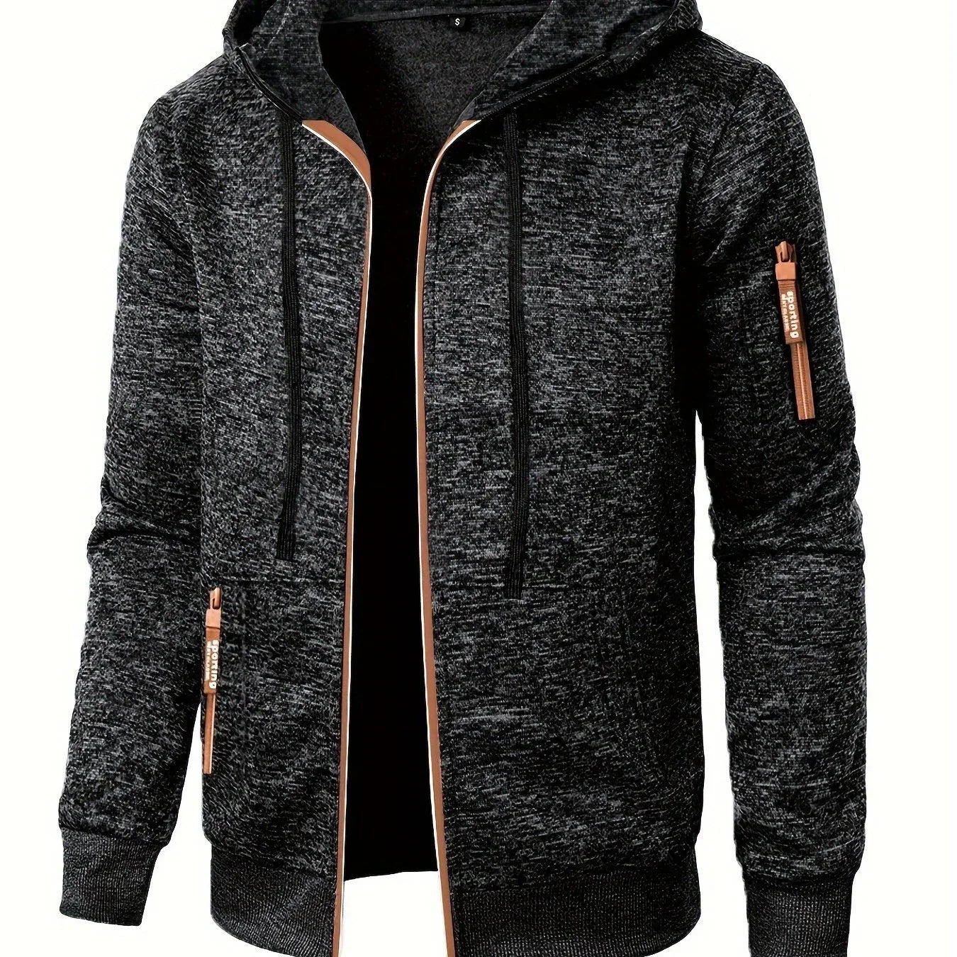 Men'S Hooded Zip-Up Sweater Jacket - Long Sleeve Thin Fleece-Lined Casual Outerwear with Front Pockets, Solid Black, Regular Fit for Fall & Winter, Autumn Winter Apparel | Hooded Sweater | Zippered Jacket, Knit, Men Hoodie Zi