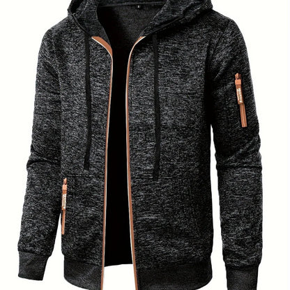 Men'S Hooded Zip-Up Sweater Jacket - Long Sleeve Thin Fleece-Lined Casual Outerwear with Front Pockets, Solid Black, Regular Fit for Fall & Winter, Autumn Winter Apparel | Hooded Sweater | Zippered Jacket, Knit, Men Hoodie Zi