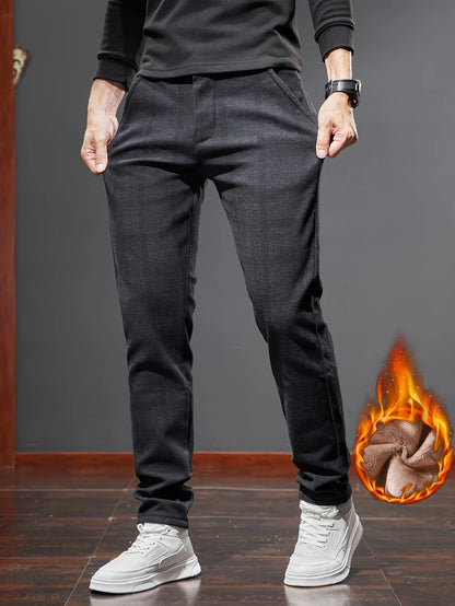 Men's Slim-Fit Plaid Casual Pants - Stretchy, Warm Fleece-Lined for Fall/Winter, Machine Washable