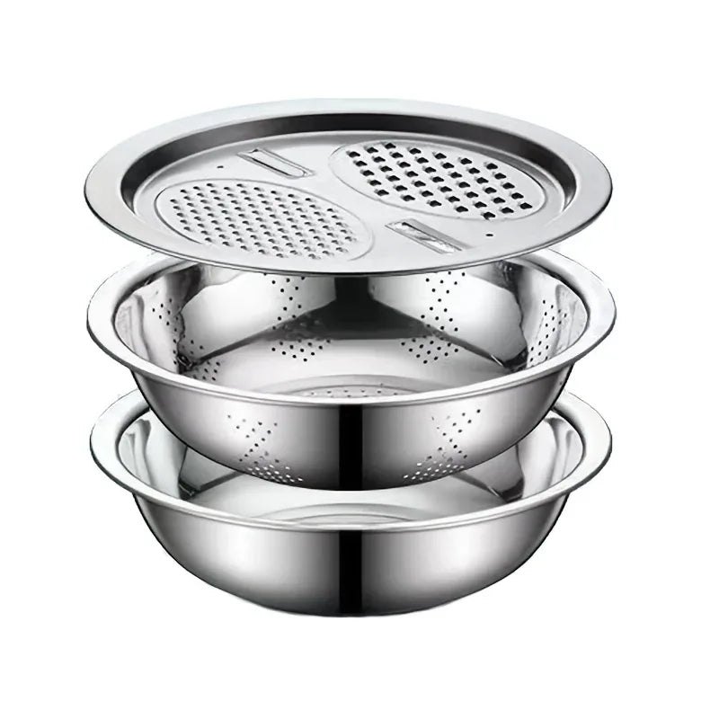 Montero Milan 3pcs HEROBABY Stainless Steel Kitchen Prep Set with Integrated Grinder, Multifunctional Filter & Mixing Bowl - Heavy-Duty 201 Grade Dishwasher- Drainage System for Slicing, Chopping Fruits, Vegetables, Cheese (All-in-One