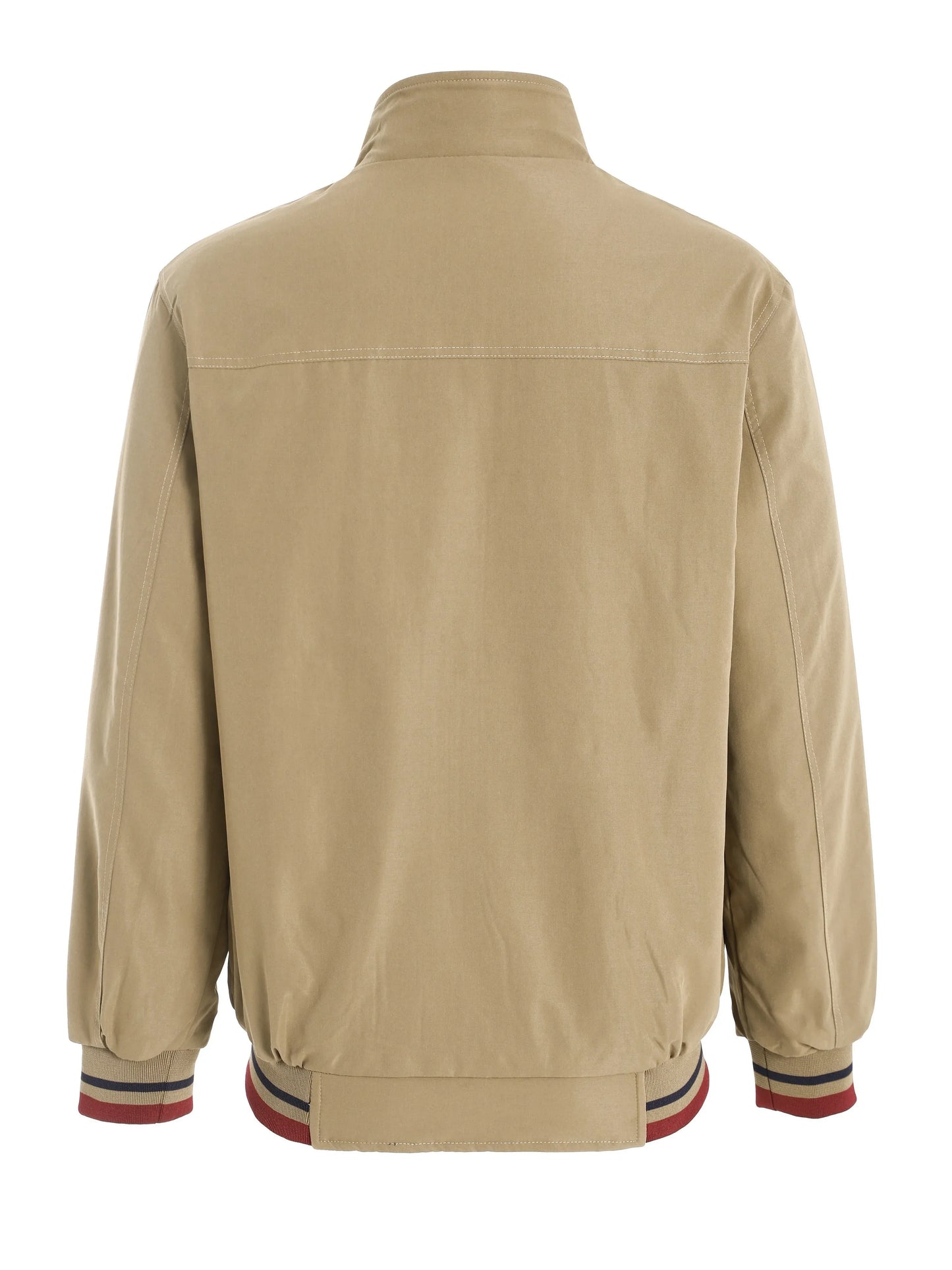 Men's Zip-Up Jacket with Stand Collar - Front Zipper Closure, Beige/ Navy Color Block, Lightweight Polyester Outer Coat for Casual & Formal Events - Machine Washable Everyday Outerwear