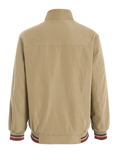 Men's Zip-Up Jacket with Stand Collar - Front Zipper Closure, Beige/ Navy Color Block, Lightweight Polyester Outer Coat for Casual & Formal Events - Machine Washable Everyday Outerwear