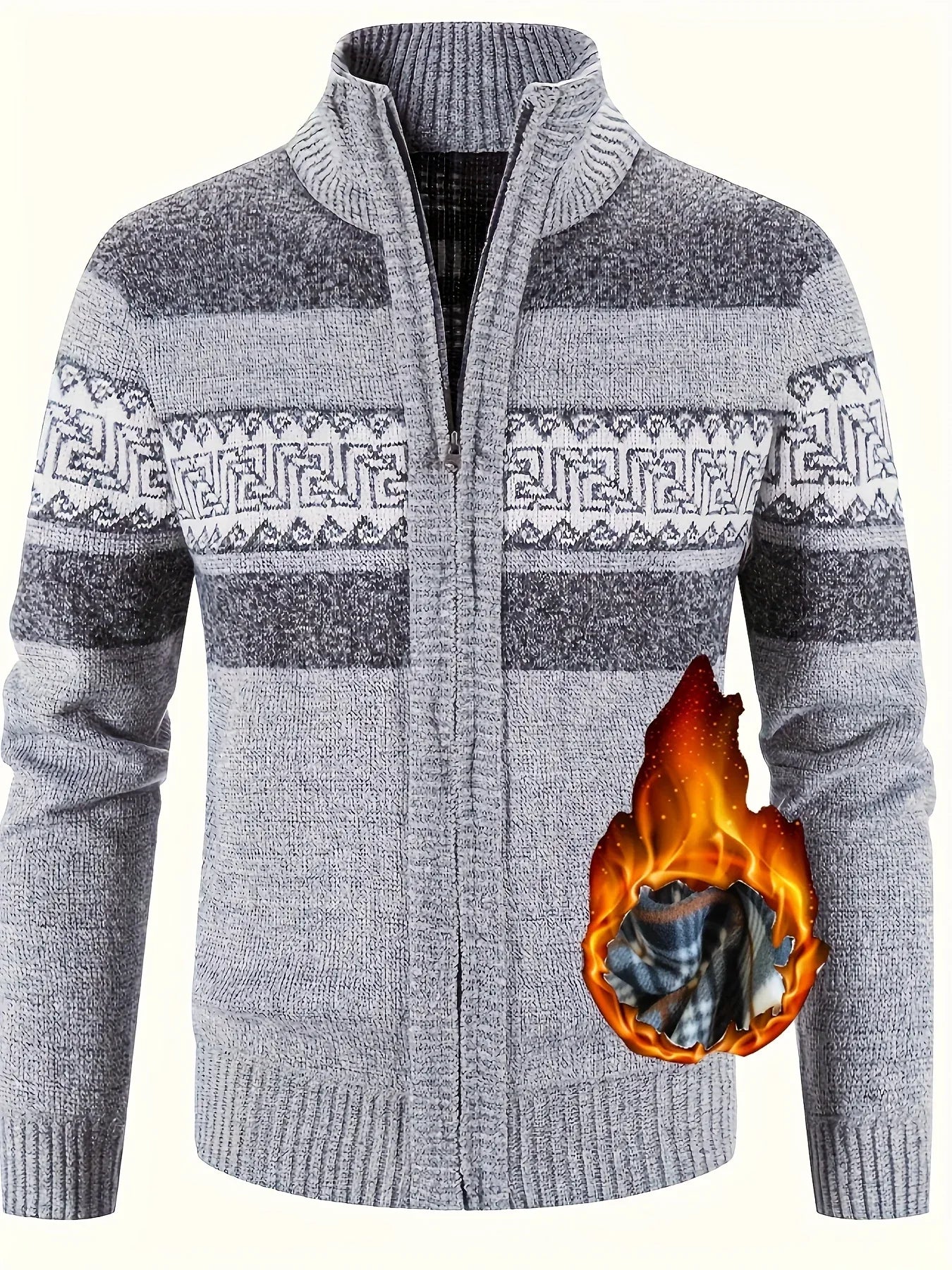 Men's Thermal Fleece-Lined Sport Knit Sweater with Zipper Pockets - Ethnic Wave Pattern, Stand Collar, Long Sleeve for Hiking, Cycling & Casual Winter Wear - Father’s Day Gift, Winter Knit Fabric