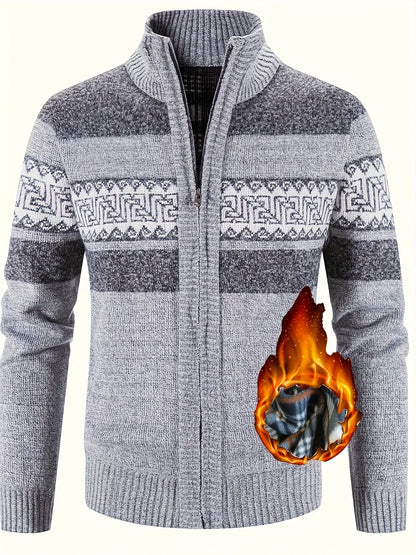 Men's Thermal Fleece-Lined Sport Knit Sweater with Zipper Pockets - Ethnic Wave Pattern, Stand Collar, Long Sleeve for Hiking, Cycling & Casual Winter Wear - Father’s Day Gift, Winter Knit Fabric